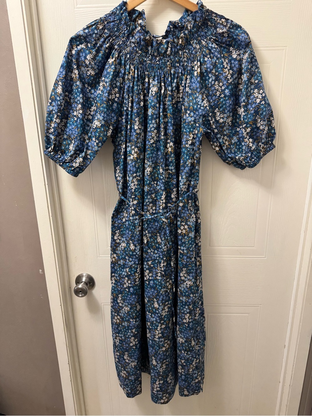 J. Crew Blue Floral Smocked Midi Dress with Puff Sleeves - Picture 4 of 9